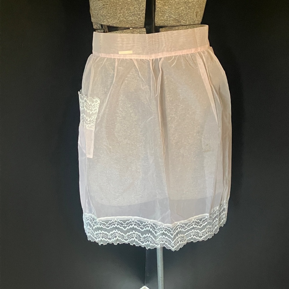 Vintage 1950s Sheer Pink Organza Half Apron with White Lace